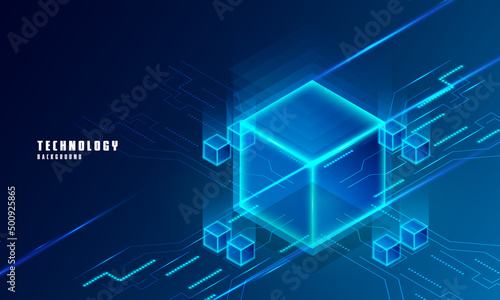 Vector realistic 3d cubes with blue glowing on dark blue background. lock chain of abstract