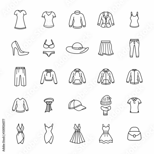 Set of woman clothes icons vector thin line style.