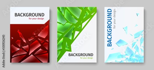 Broken glass shards banners. Realistic sharp pieces random shapes. Wrecked transparent 3D fragments. Shattered window. Mirror debris. Smashed windshield. Vector vertical posters set