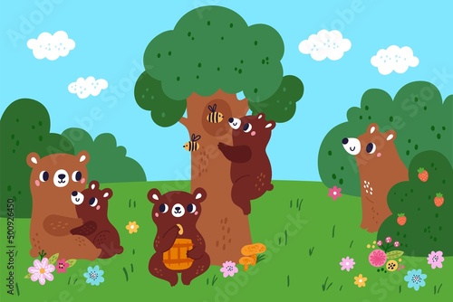 Cartoon brown bear in forest. Wild animal group in clearing. Mom with child. Grizzlies collecting and eating honey. Flowers and berries. Woodland fauna. Predator mammals. Vector concept