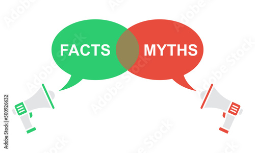 Bubbles with myths vs facts. Megaphone with red myths vs green facts speech bubble. Truth and false. photo