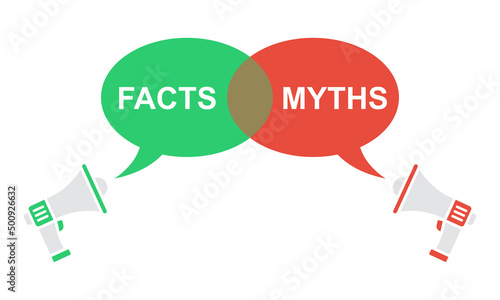 Bubbles with myths vs facts. Megaphone with red myths vs green facts speech bubble. Truth and false.