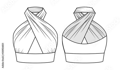 Fashion technical drawing of wrap crop halterneck top