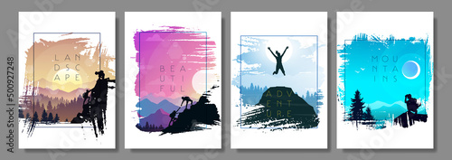 Travel concept of discovering, exploring, observing nature. Hiking. Adventure tourism. Abstract landscape. Frames set. Minimalist style. Flat design. Banners set with polygonal landscapes illustration