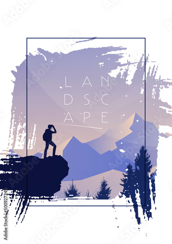 Mountain landscape. The frame of brush strokes. Hiking. Adventure. Travel concept of discovering, exploring and observing nature. Polygonal minimalistic graphic flat design. Vector illustration.