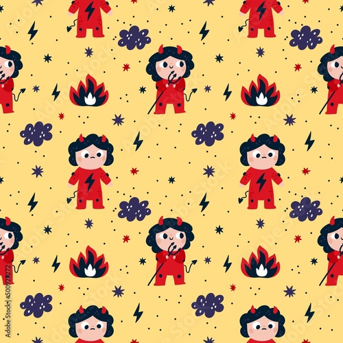 Cute devils seamless pattern. Little funny kids in red costumes with horns and demon tails. Naughty children hold tridents. Lightning and fires. Happy or angry Satan. Vector background