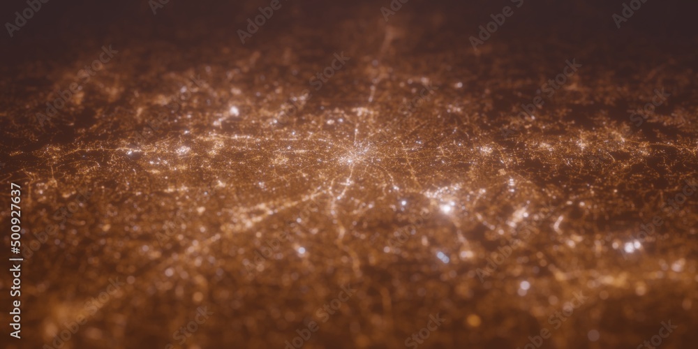 Obraz premium Street lights map of Charlotte (North Carolina, USA) with tilt-shift effect, view from east. Imitation of macro shot with blurred background. 3d render, selective focus