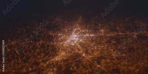 Street lights map of Worcester (Massachusets, USA) with tilt-shift effect, view from south. Imitation of macro shot with blurred background. 3d render, selective focus