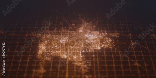 Street lights map of Fargo (North Dakota, USA) with tilt-shift effect, view from south. Imitation of macro shot with blurred background. 3d render, selective focus photo