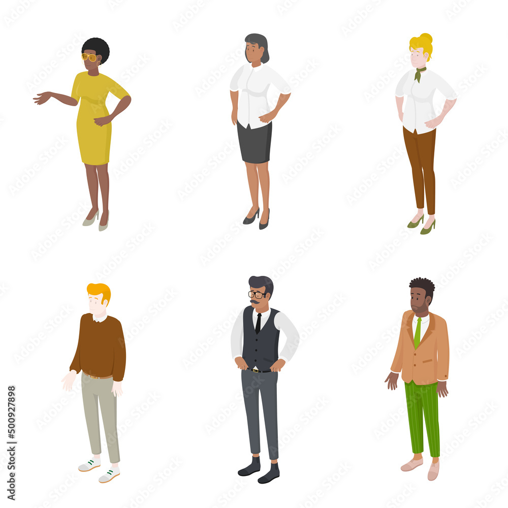 Set of different isometric people on white. Vector illustration flat design isolated. Male and female characters. Office and casual clothes. Set of different isometric people on white. Vector illustration flat design isolated. Male and female characters. Office and casual clothes.