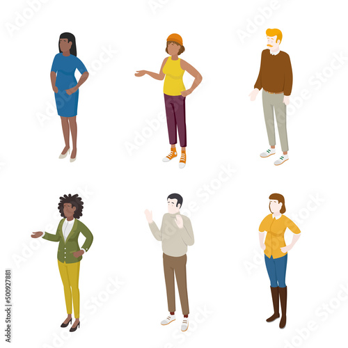Set of different isometric people on white. Vector illustration flat design isolated. Male and female characters. Office and casual clothes.