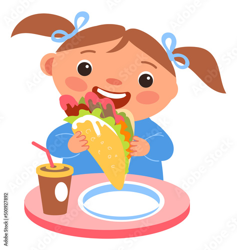 Girl eating healthy fast food. Kid breakfast