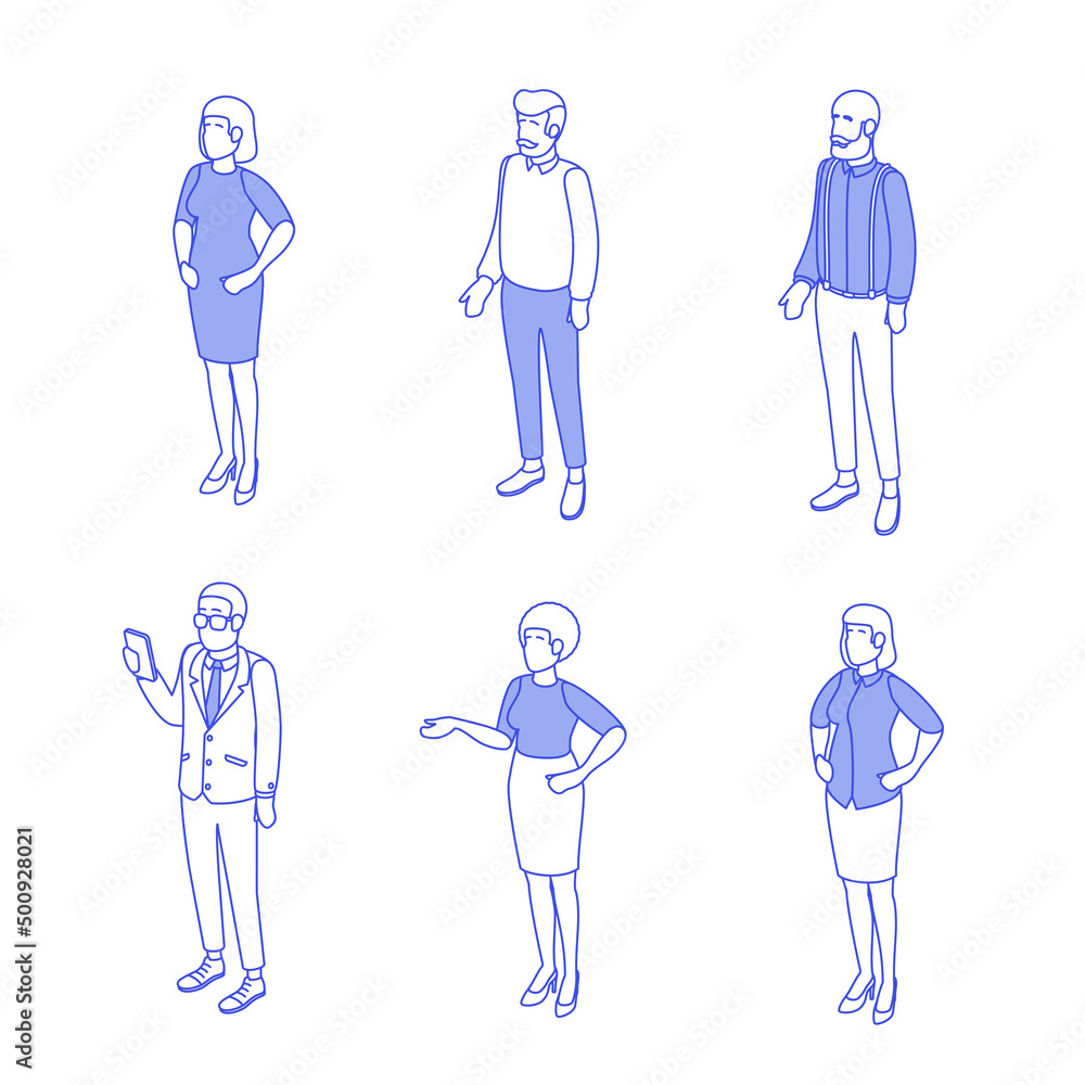 Set of different isometric people on white. Vector illustration flat design isolated. Male and female characters. Office and casual clothes. Outline, linear style, line art. Set of different isometric people on white. Vector illustration flat design isolated. Male and female characters. Office and casual clothes. Outline, linear style, line art.