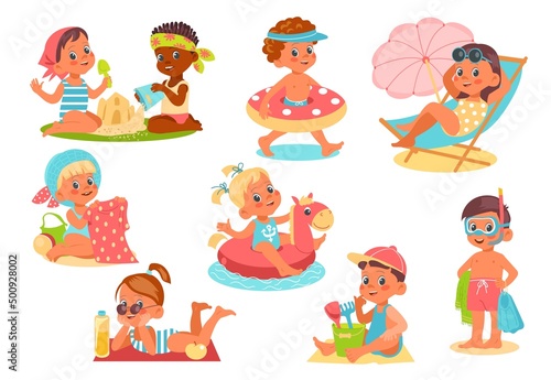 Kids beach. Happy children in swimsuits. Cute boys and girls with rubber rings and umbrella. Babies sunbathe in bikinis and build sand castle. Summer sea vacations. Vector activities set