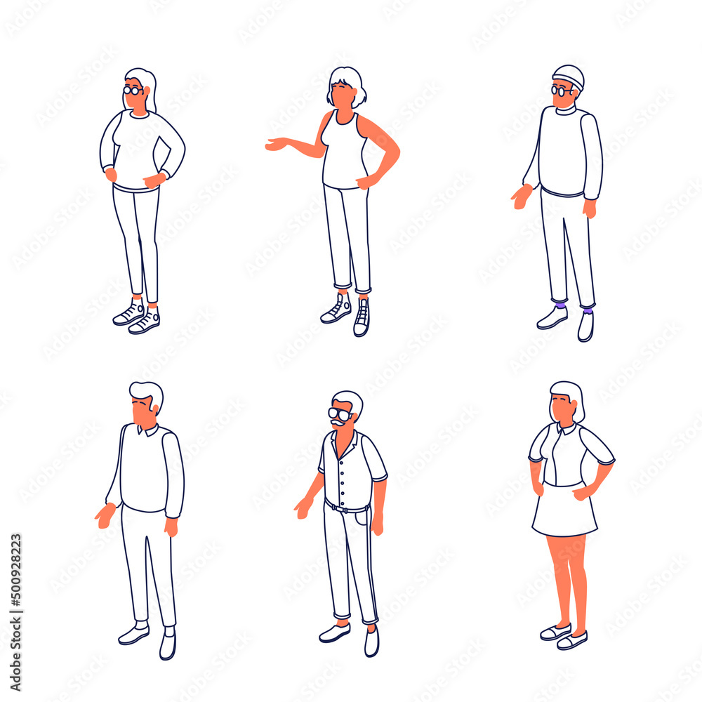 Set of different isometric people on white. Vector illustration flat design isolated. Male and female characters. Office and casual clothes. Outline, linear style, line art. Set of different isometric people on white. Vector illustration flat design isolated. Male and female characters. Office and casual clothes. Outline, linear style, line art.