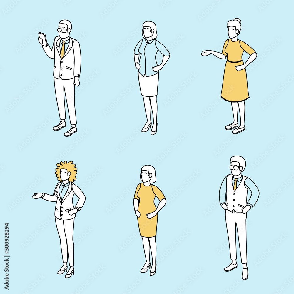 Set of different isometric people on white. Vector illustration flat design isolated. Male and female characters. Office and casual clothes. Outline, linear style, line art. Set of different isometric people on white. Vector illustration flat design isolated. Male and female characters. Office and casual clothes. Outline, linear style, line art.
