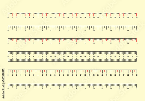 Set of ruler scale 30 cm. Centimeter, millimeter, inch and metric rulers. Mmarking for ruler, measure on scale of centimeter, millimeter and inches, marks for tape measure. Vector illustration