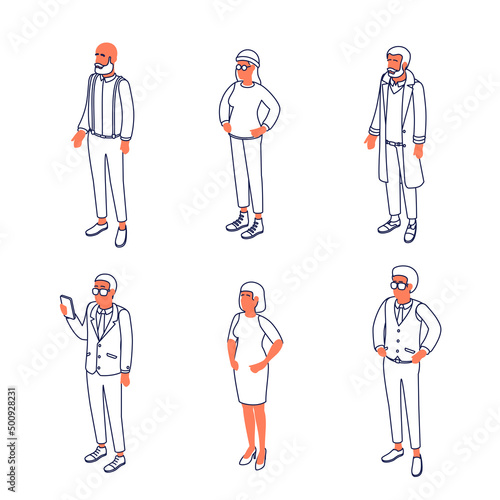 Set of different isometric people on white. Vector illustration flat design isolated. Male and female characters. Office and casual clothes. Outline, linear style, line art.