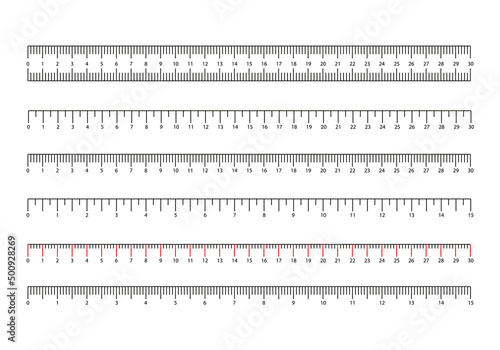 Set of ruler scale 30 cm. Centimeter, millimeter, inch and metric rulers. Mmarking for ruler, measure on scale of centimeter, millimeter and inches, marks for tape measure. Vector illustration