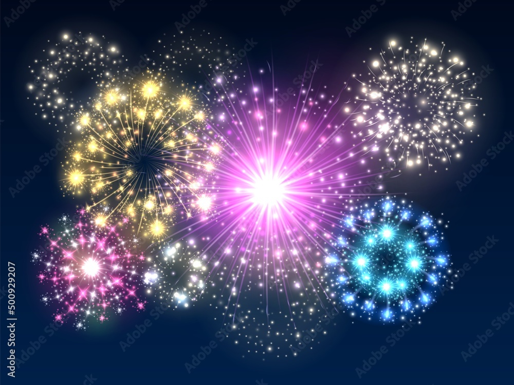 Realistic fireworks bursting. Nightly festive pyrotechnic explosions backdrop. Colorful sparkling particles. City sky fires. Salute light flashes. Heaven festival lighting. Vector concept