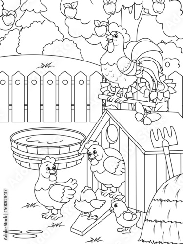 Agriculture, yard. Bird farm. Chickens in the yard. Children coloring book.