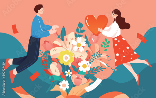 Valentines day man and woman expressing love to each other with bouquet in the middle, vector illustration