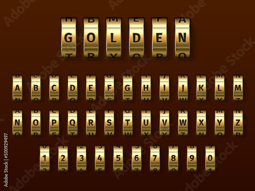 Realistic golden locks combination font. Yellow metal alphabet. Rotating wheels with numbers and letters. Bank codeword for safe protection. Access password. Vector spinning elements set