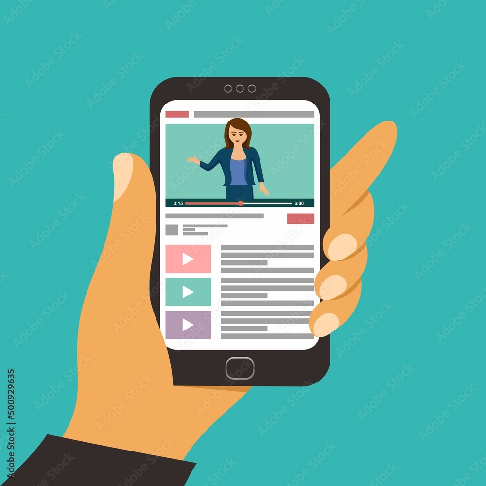 Vector illustration hand holding with app tube provides streaming media and video on the screen Vector illustration hand holding with app tube provides streaming media and video on the screen