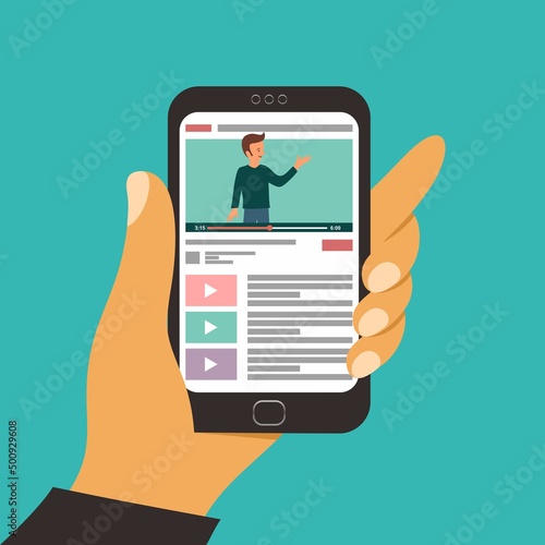 Vector illustration hand holding with app tube provides streaming media and video on the screen