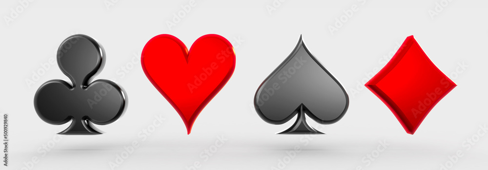 3d Front Clubs, Spades, Heart, Diamond playing cards icons with white background and shadow 3d Front Clubs, Spades, Heart, Diamond playing cards icons with white background and shadow