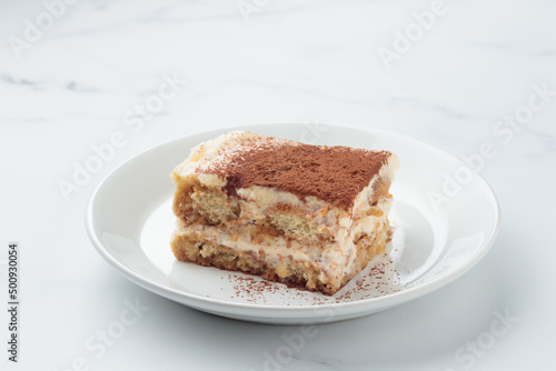 Piece of Homemade Tiramisu cake dessert