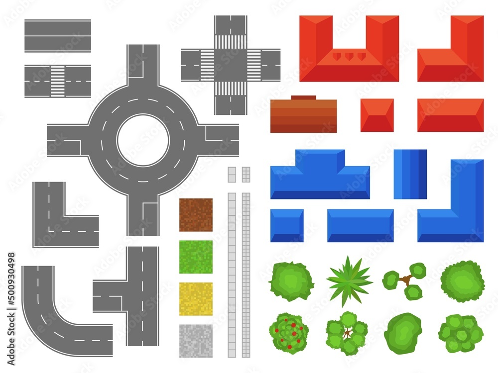 Obraz premium Street elements map top view. Urban objects, buildings and houses with roofs. Park trees and shrubs. Pedestrian tile. Pavement and highway parts. Town plane kit. Vector landscape set