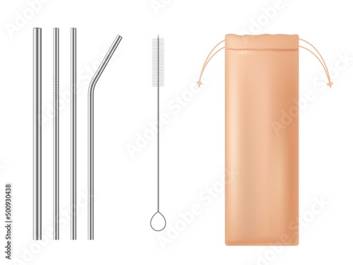 Straws for drink. Realistic beverage pipes. Silver cocktail sticks. Steel straight and curved tools. Cleaning ramrod brush and storage bag. Zero waste. Vector ecological bar accessories set