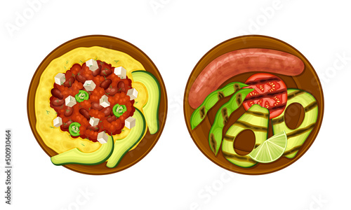 Mexican traditional dishes set. Top view of food of national cuisine vector illustration