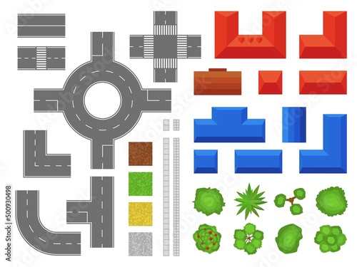 Street elements map top view. Urban objects, buildings and houses with roofs. Park trees and shrubs. Pedestrian tile. Pavement and highway parts. Town plane kit. Vector landscape set