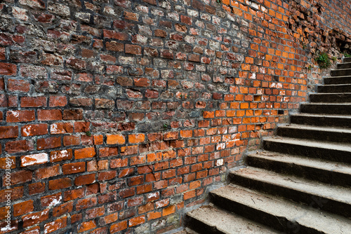 old wall and stairs leading down to the old city. Olomouc, Bohemia, Czech Republic.