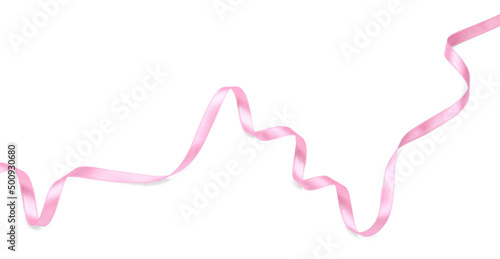 Tela Beautiful pink ribbon isolated on white, top view