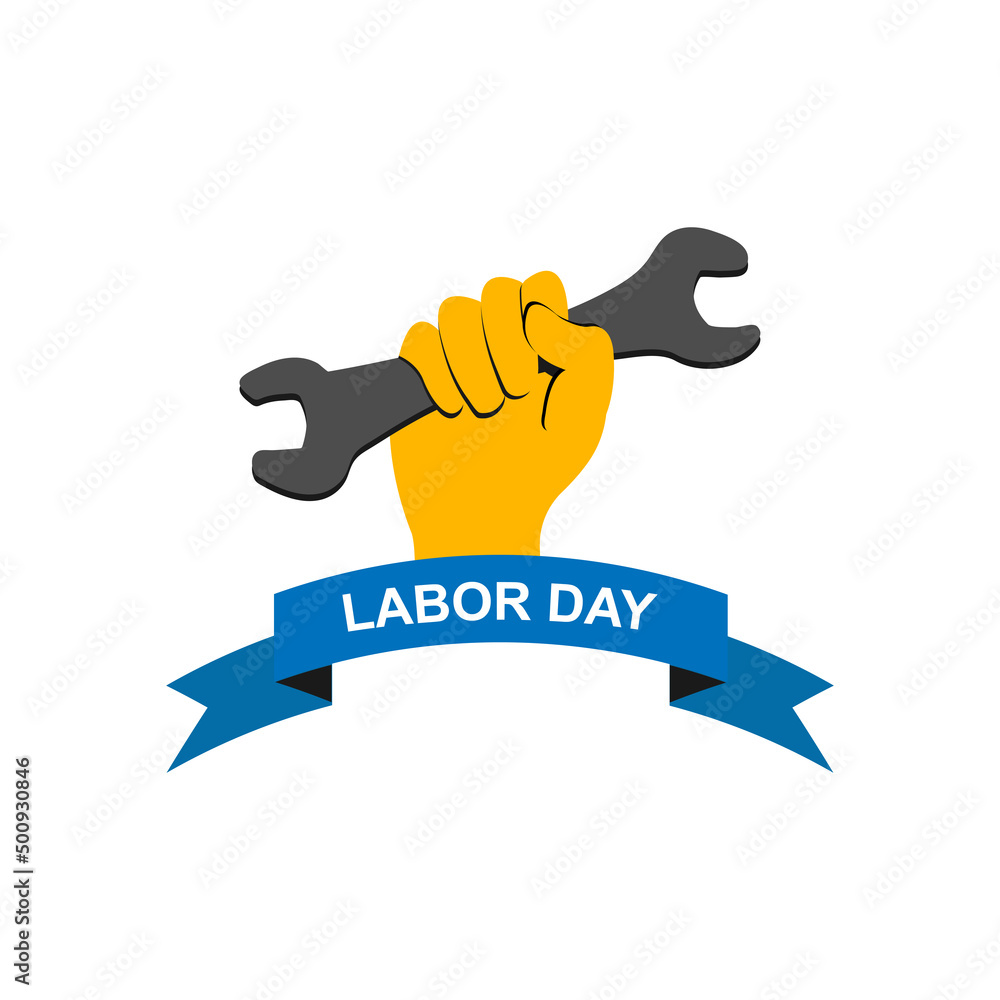 Fototapeta premium Labor Day vector illustration. Hand with wrench and text Labor Day EPS 10