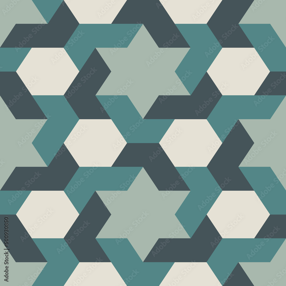 Fototapeta premium Oriental ancient mosaic seamless pattern. Ethnic ornament. Repeated geometric figures, hexagons, stars surface print
