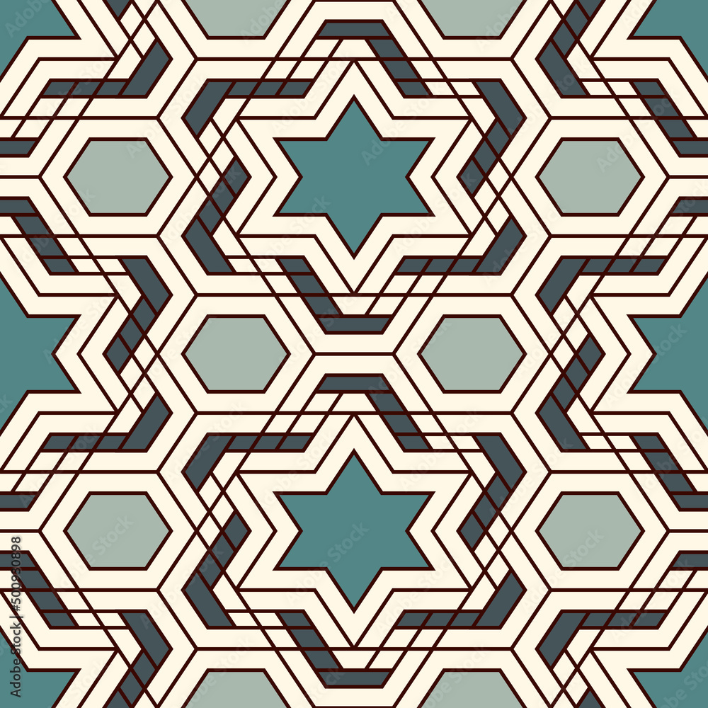 Oriental ancient mosaic seamless pattern. Arabesque ornament. Repeated geometric figures, hexagons, stars surface print Oriental ancient mosaic seamless pattern. Arabesque ornament. Repeated geometric figures, hexagons, stars surface print