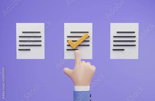 Businessman touching to paper sheet with correct tick mark sign for document approval and quality control standard concept by 3d render illustration.