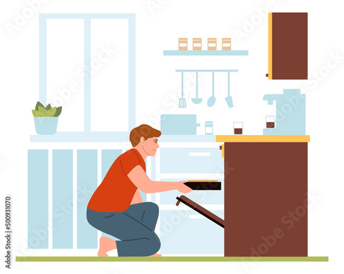 Man baking homemade dish. Meal preparing on kitchen