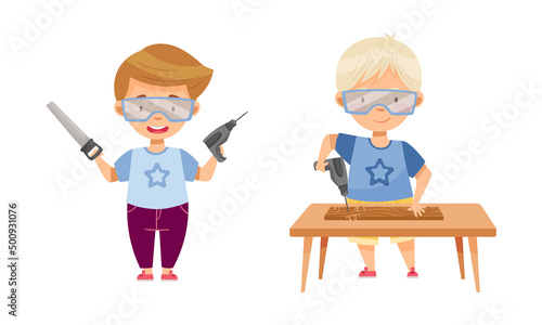 Cute boys doing carpentry work. Kids drilling at craft lesson cartoon vector illustration
