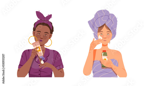 Beauty daily routine. Girls taking care of their faces using facial beauty products cartoon vector illustration