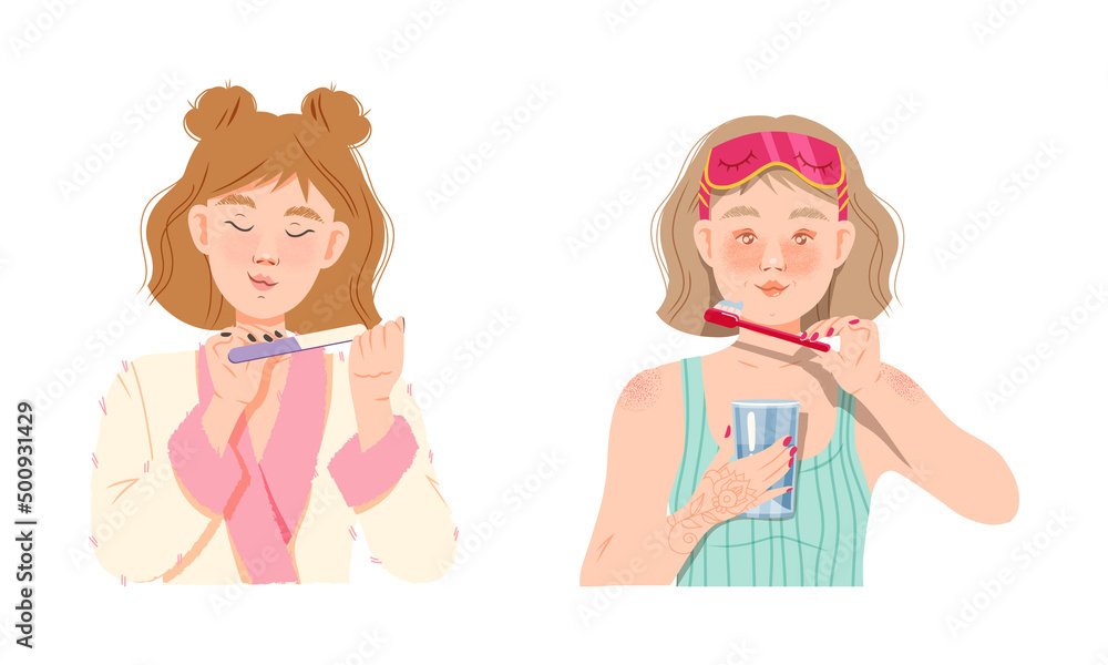 Beauty daily routine. Girls polishing nails and cleaning their teeth cartoon vector illustration Beauty daily routine. Girls polishing nails and cleaning their teeth cartoon vector illustration
