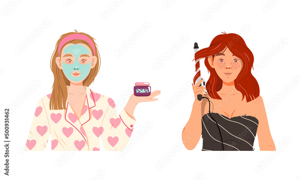 Beauty daily routine. Girls applying face mask and curling their hair cartoon vector illustration Beauty daily routine. Girls applying face mask and curling their hair cartoon vector illustration