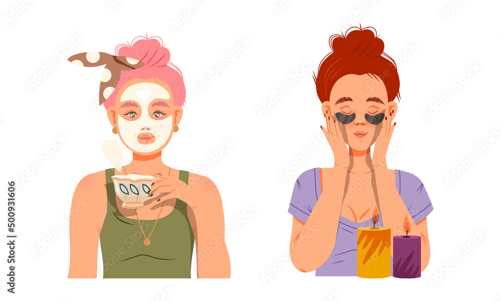 Daily skincare routine. Girls taking care of their faces with beauty products cartoon vector illustration