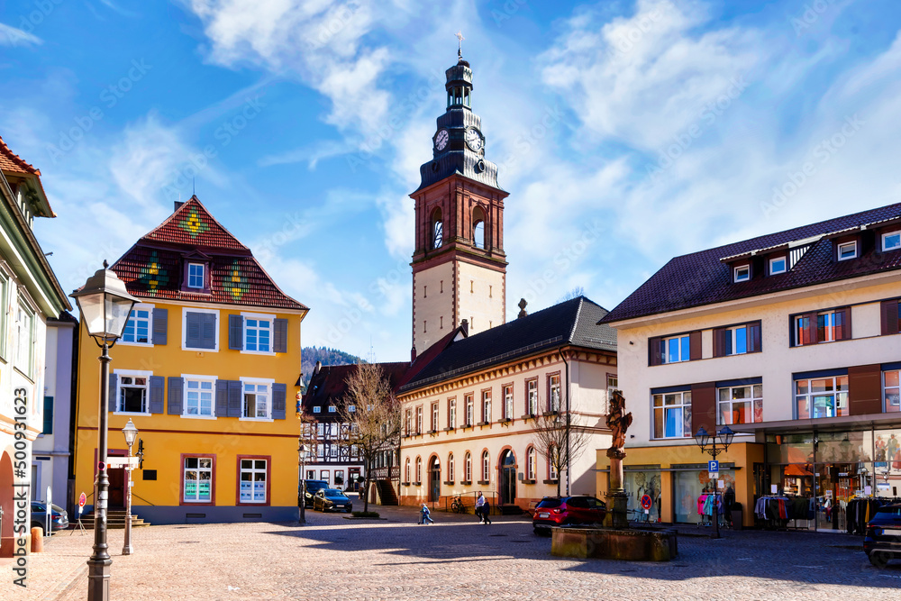 Fototapeta premium Market square with view to View to the St. Arbogast, Roman Catholic parish church of Haslach im Kinzigtal, Germany