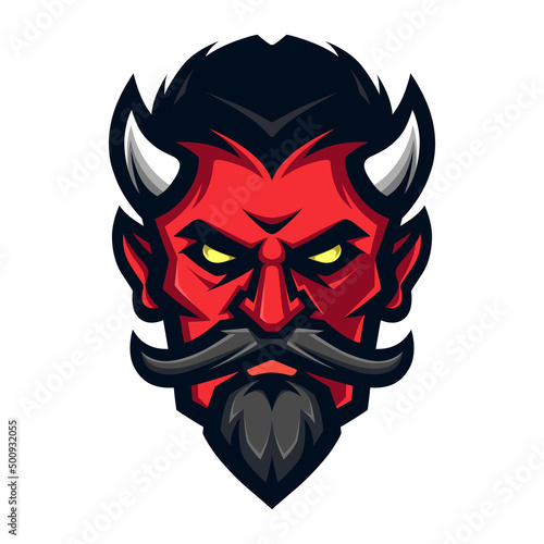 Professional logo demon, devil, Satan, monster. Halloween art in a flat style. Sport mascot, e-sports label. Vector illustration.