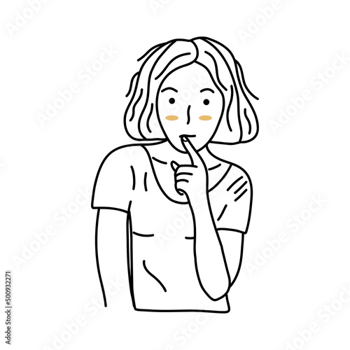 Pensive young girl holds finger near her lips. Bob haircut. Black and white vector isolated illustration hand drawn. Facial expression, doubt or question, reflection or curiosity